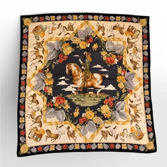 Vintage Salvatore Ferragamo Silk Scarf | Equestrian Floral Print | 34” x 34” - Picture 1 of 6